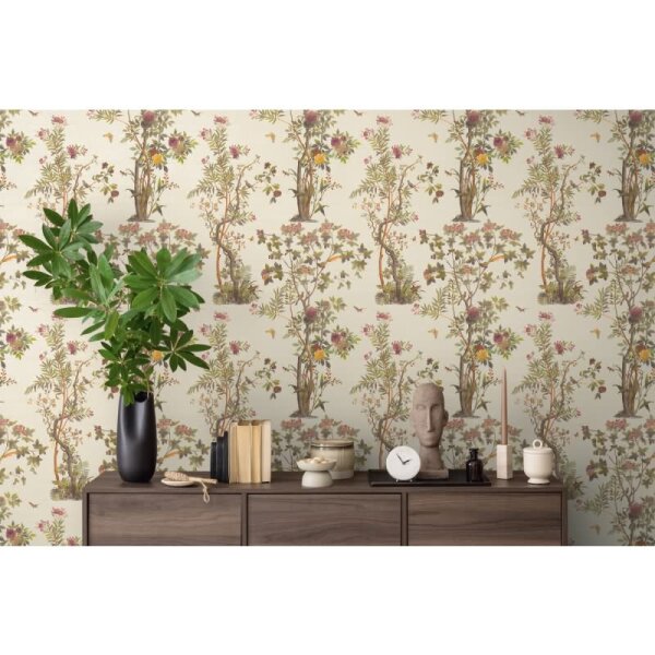 Blumen-Tapete mit Schmetterlinge Creme Bunt - Vliestapete Naturmotiv elegant AS-Creation (790431)