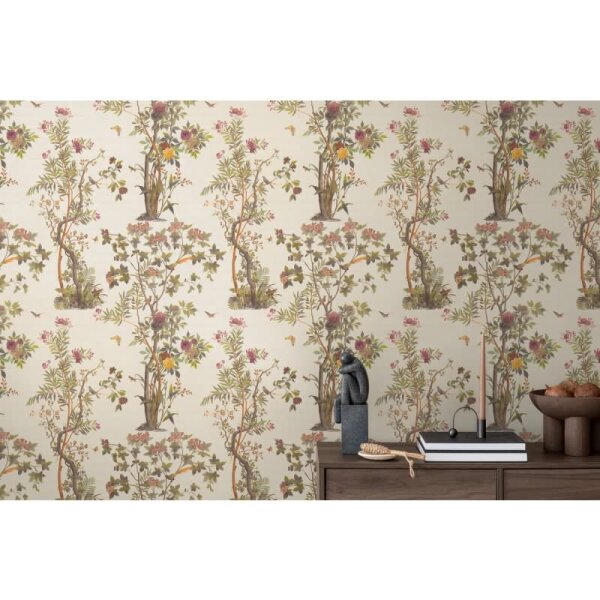 Blumen-Tapete mit Schmetterlinge Creme Bunt - Vliestapete Naturmotiv elegant AS-Creation (790431)