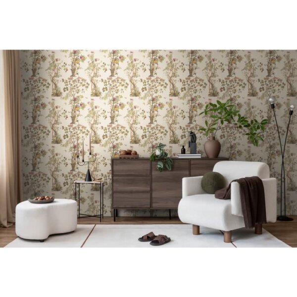 Blumen-Tapete mit Schmetterlinge Creme Bunt - Vliestapete Naturmotiv elegant AS-Creation (790431)