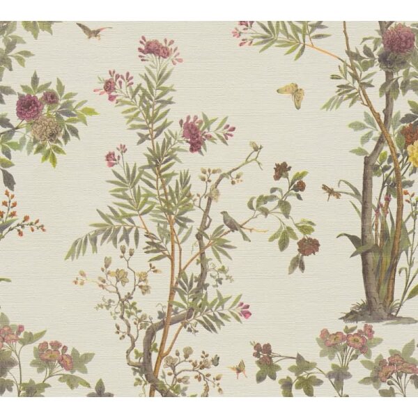 Blumen-Tapete mit Schmetterlinge Creme Bunt - Vliestapete Naturmotiv elegant AS-Creation (790431)