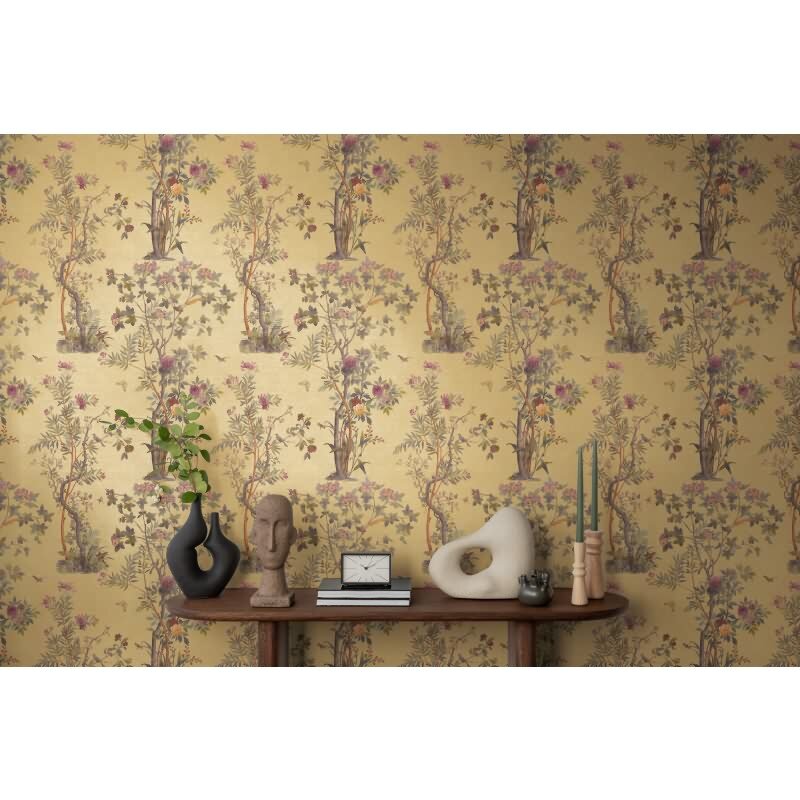 Blumen-Tapete mit Schmetterlinge Gelb Bunt - Vliestapete Vintage-Look elegant AS-Creation (790432)