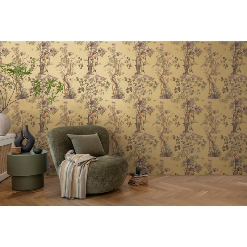 Blumen-Tapete mit Schmetterlinge Gelb Bunt - Vliestapete Vintage-Look elegant AS-Creation (790432)