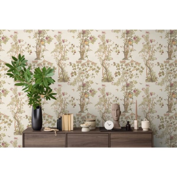 Blumen-Tapete mit Schmetterlinge Beige Grün Rosa - Vliestapete klassisch elegant AS-Creation (790433)