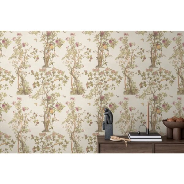 Blumen-Tapete mit Schmetterlinge Beige Grün Rosa - Vliestapete klassisch elegant AS-Creation (790433)