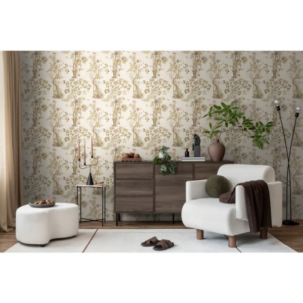 Blumen-Tapete mit Schmetterlinge Beige Grün Rosa - Vliestapete klassisch elegant AS-Creation (790433)