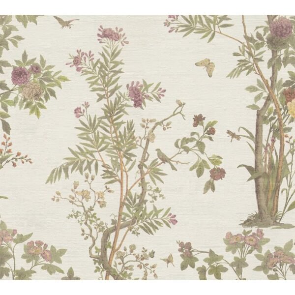 Blumen-Tapete mit Schmetterlinge Beige Grün Rosa - Vliestapete klassisch elegant AS-Creation (790433)