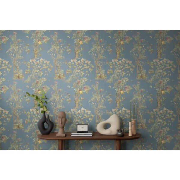 Blumen-Tapete mit Schmetterlinge Blau Bunt - Vliestapete klassisch strukturiert AS-Creation (790434)