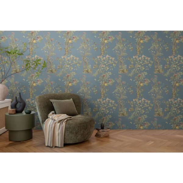 Blumen-Tapete mit Schmetterlinge Blau Bunt - Vliestapete klassisch strukturiert AS-Creation (790434)