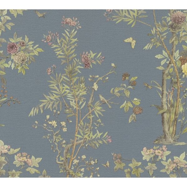 Blumen-Tapete mit Schmetterlinge Blau Bunt - Vliestapete klassisch strukturiert AS-Creation (790434)