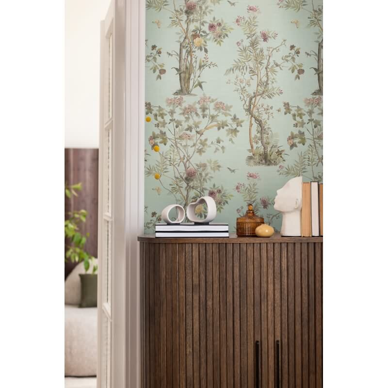 Blumen-Tapete mit Schmetterlinge Mintgrün Bunt - Vliestapete klassisch strukturiert AS-Creation (790435)