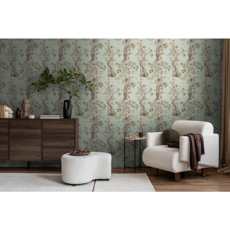 Blumen-Tapete mit Schmetterlinge Mintgrün Bunt - Vliestapete klassisch strukturiert AS-Creation (790435)