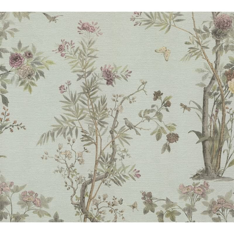 Blumen-Tapete mit Schmetterlinge Mintgrün Bunt - Vliestapete klassisch strukturiert AS-Creation (790435)