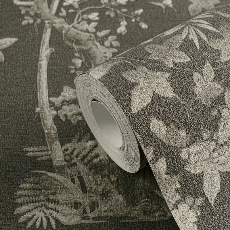 Blumen-Tapete mit Schmetterlinge Schwarz Grau - Vliestapete elegant strukturiert AS-Creation (790436)