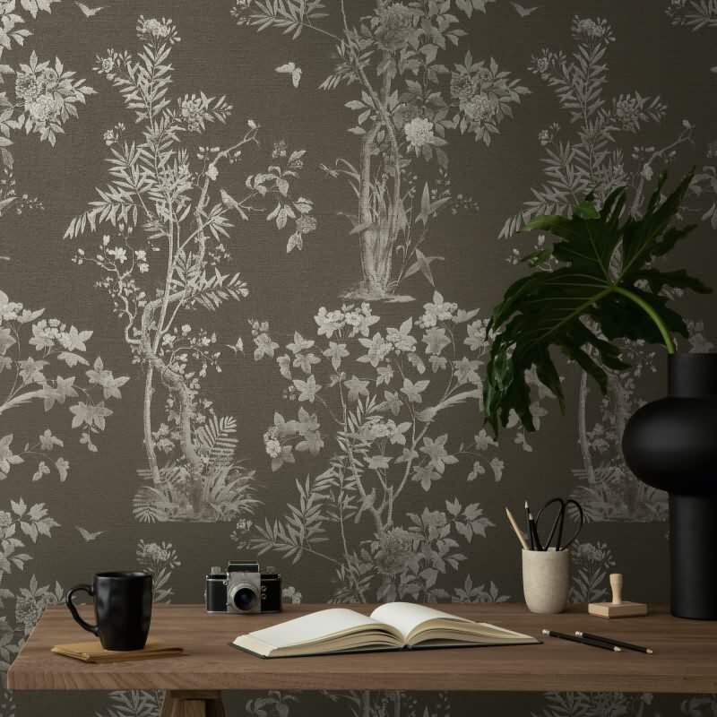 Blumen-Tapete mit Schmetterlinge Schwarz Grau - Vliestapete elegant strukturiert AS-Creation (790436)