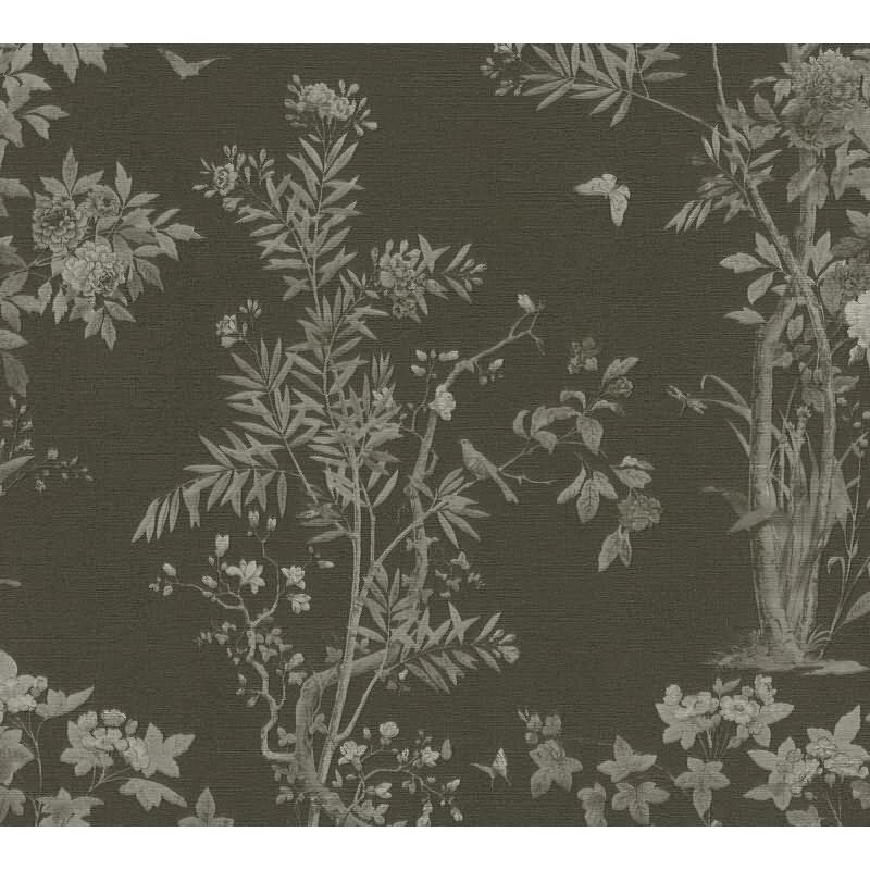 Blumen-Tapete mit Schmetterlinge Schwarz Grau - Vliestapete elegant strukturiert AS-Creation (790436)