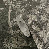 Blumen-Tapete mit Schmetterlinge Schwarz Grau -...