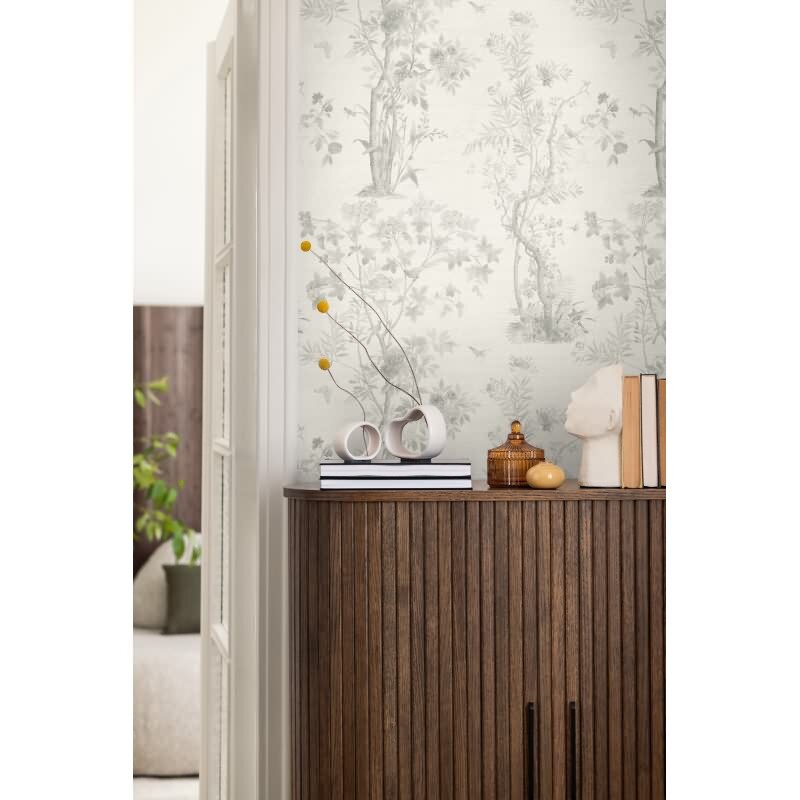 Blumen-Tapete mit Schmetterlinge Hellgrau Weiß - Vliestapete klassisch elegant AS-Creation (790437)