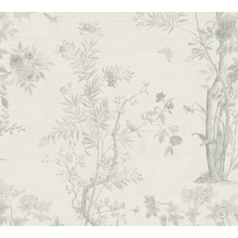 Blumen-Tapete mit Schmetterlinge Hellgrau Weiß - Vliestapete klassisch elegant AS-Creation (790437)