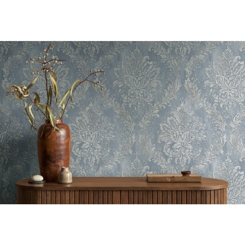 Tapete mit Barockmuster Blau Silber - Glänzende Ornament-Tapete - Vliestapete AS-Creation (790491)