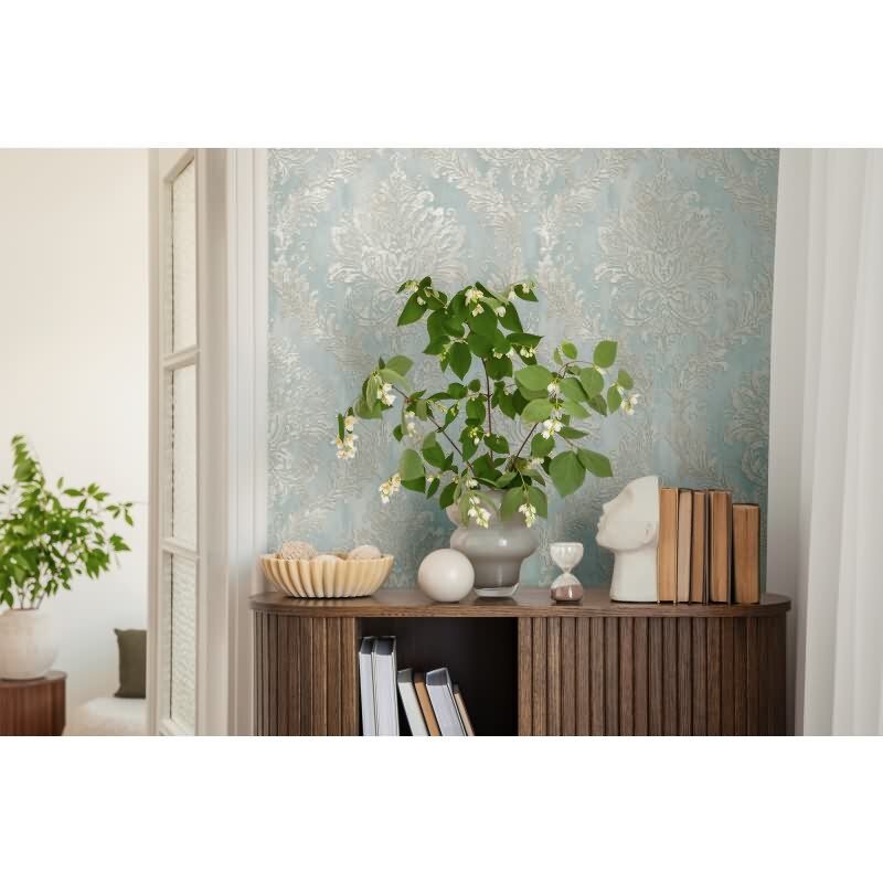 Tapete mit Barockmuster Hellblau Silber - Glänzende Damast-Tapete - Vliestapete AS-Creation (790493)