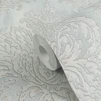 Tapete mit Barockmuster Hellblau Silber - Gl&auml;nzende...