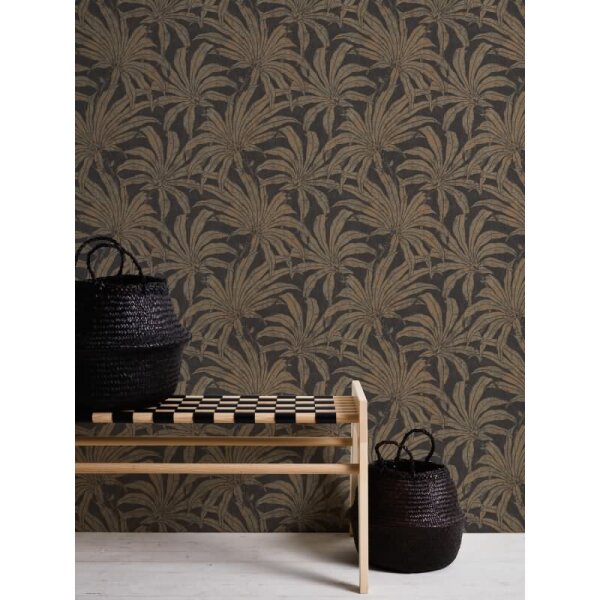 Dschungel-Tapete Schwarz Gold - Vliestapete mit Palmenmuster Vintage-Look AS-Creation (395011)