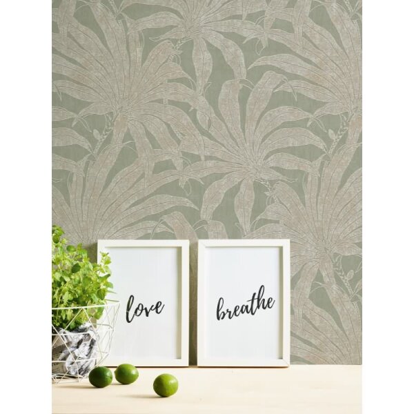 Tapete in Dschungeloptik Salbeigrün Beige - Vliestapete mit Palmenmotiv AS-Creation (395012)