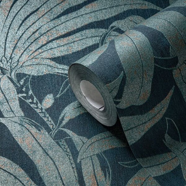 Dschungel-Tapete Dunkelblau Moosgrün - Vliestapete mit Palmenmotiv Vintage AS-Creation (395016)