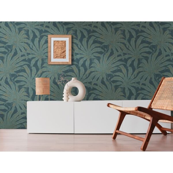 Dschungel-Tapete Dunkelblau Moosgrün - Vliestapete mit Palmenmotiv Vintage AS-Creation (395016)