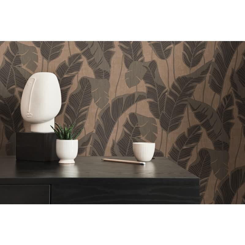 Tropen-Tapete Braun Schwarz - Vliestapete mit Bananenblättern im Retro-Stil AS-Creation (395021)