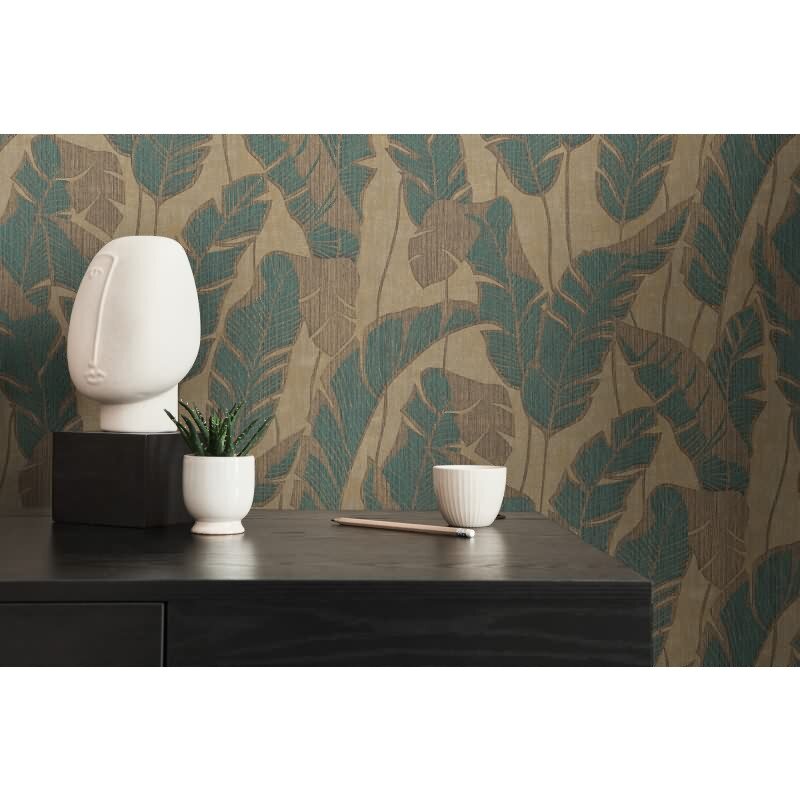 Bananenblatt-Tapete Gold Petrol - Vliestapete Dschungeloptik mit Glanzstruktur AS-Creation (395022)