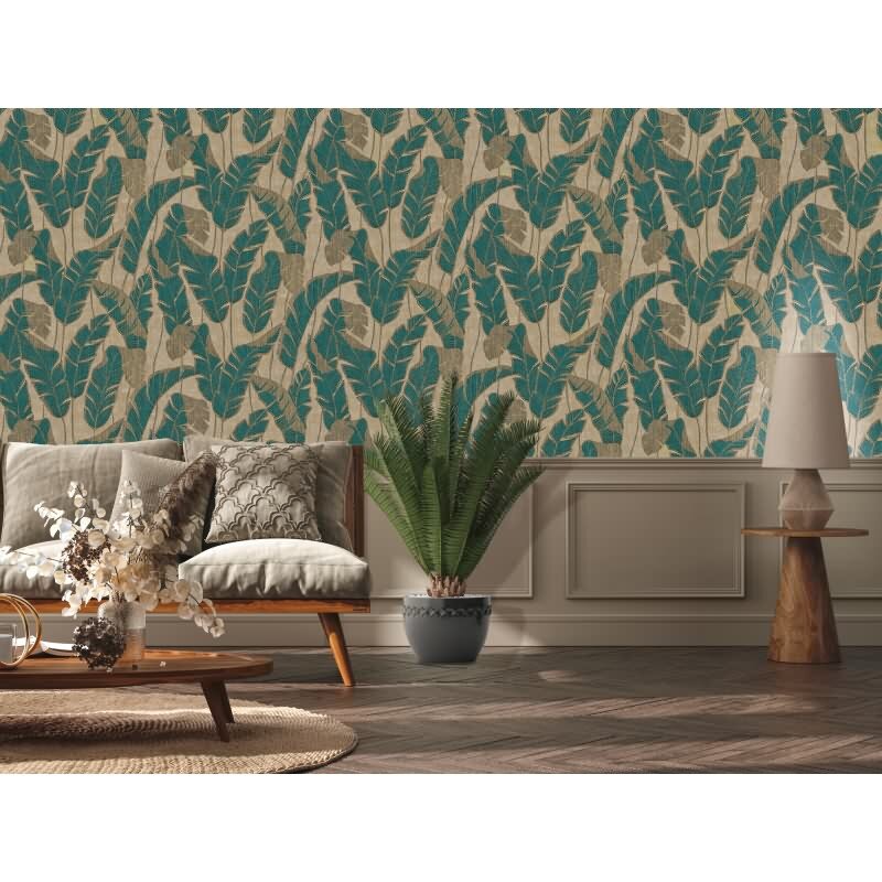 Bananenblatt-Tapete Gold Petrol - Vliestapete Dschungeloptik mit Glanzstruktur AS-Creation (395022)