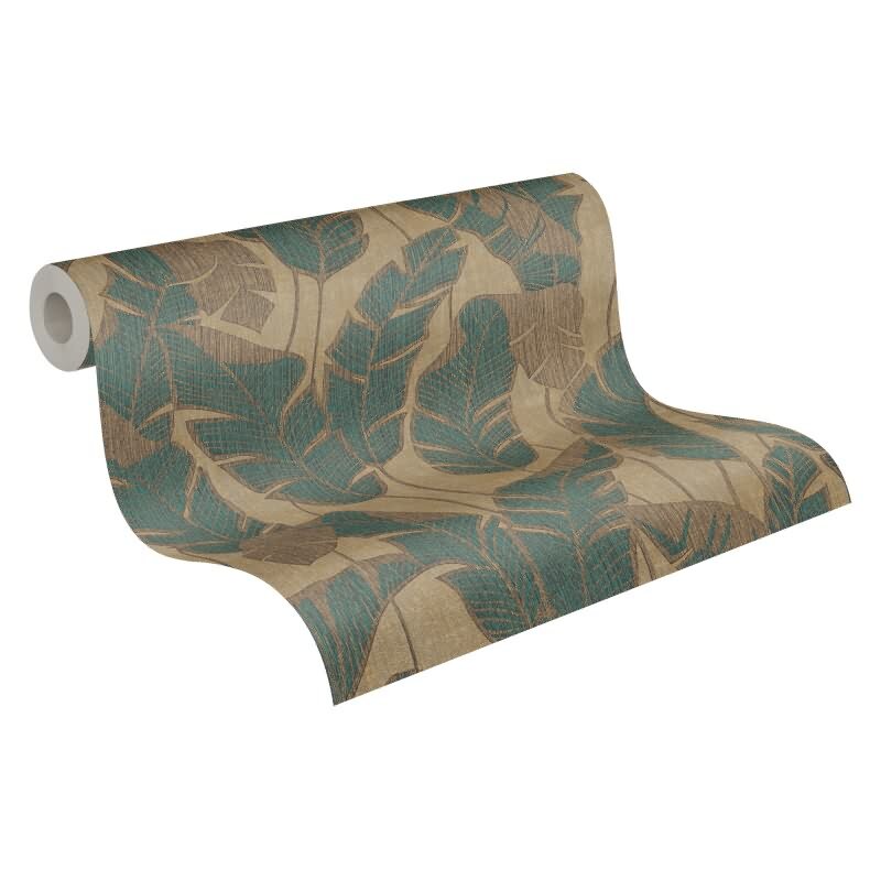 Bananenblatt-Tapete Gold Petrol - Vliestapete Dschungeloptik mit Glanzstruktur AS-Creation (395022)