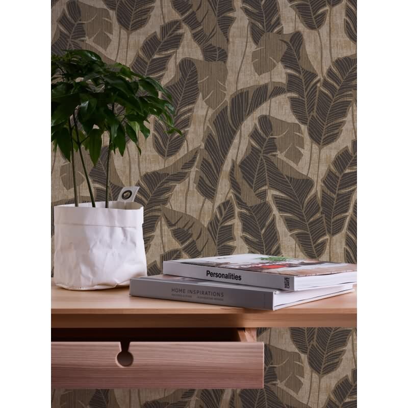 Tropen-Tapete Beige Schwarz - Vliestapete mit Bananenblättern strukturiert AS-Creation (395024)