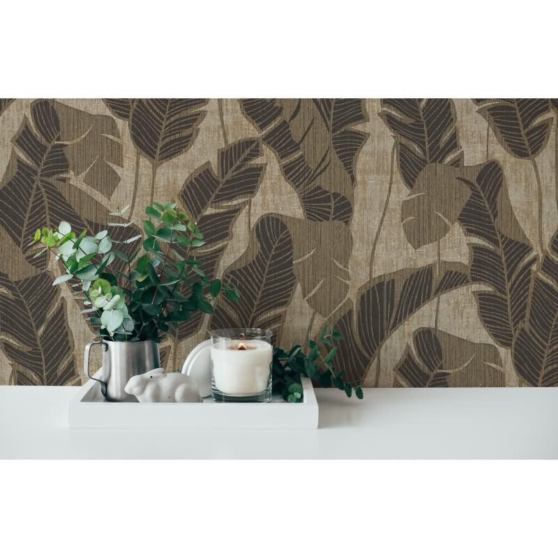 Tropen-Tapete Beige Schwarz - Vliestapete mit Bananenblättern strukturiert AS-Creation (395024)