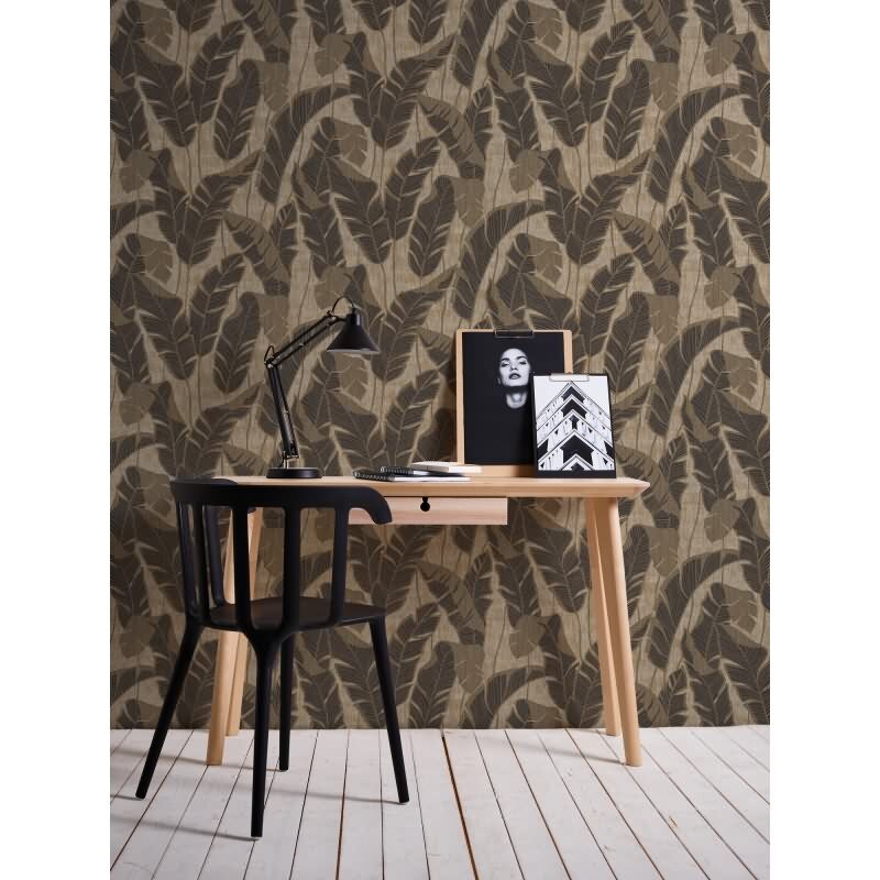 Tropen-Tapete Beige Schwarz - Vliestapete mit Bananenblättern strukturiert AS-Creation (395024)