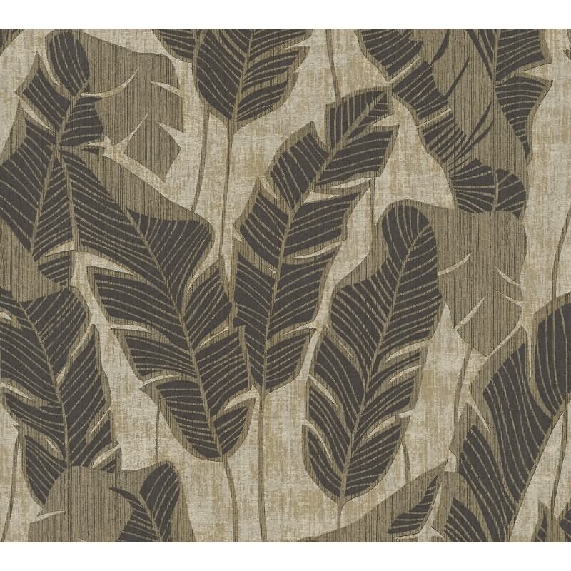 Tropen-Tapete Beige Schwarz - Vliestapete mit Bananenblättern strukturiert AS-Creation (395024)