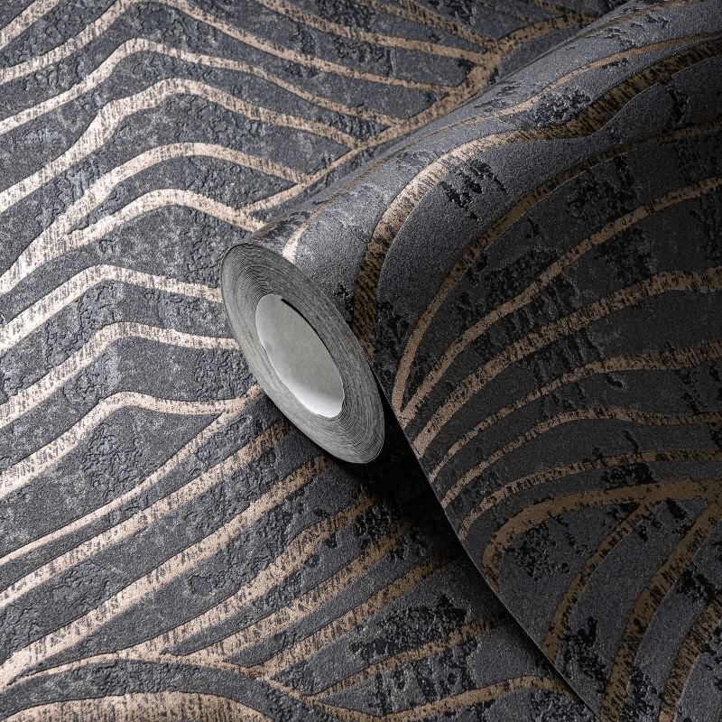 Abstrakte 3D-Tapete Wellen Schwarz Gold – Strukturierte Vliestapete modern AS-Creation (395073)