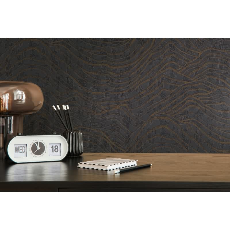 Abstrakte 3D-Tapete Wellen Schwarz Gold – Strukturierte Vliestapete modern AS-Creation (395073)