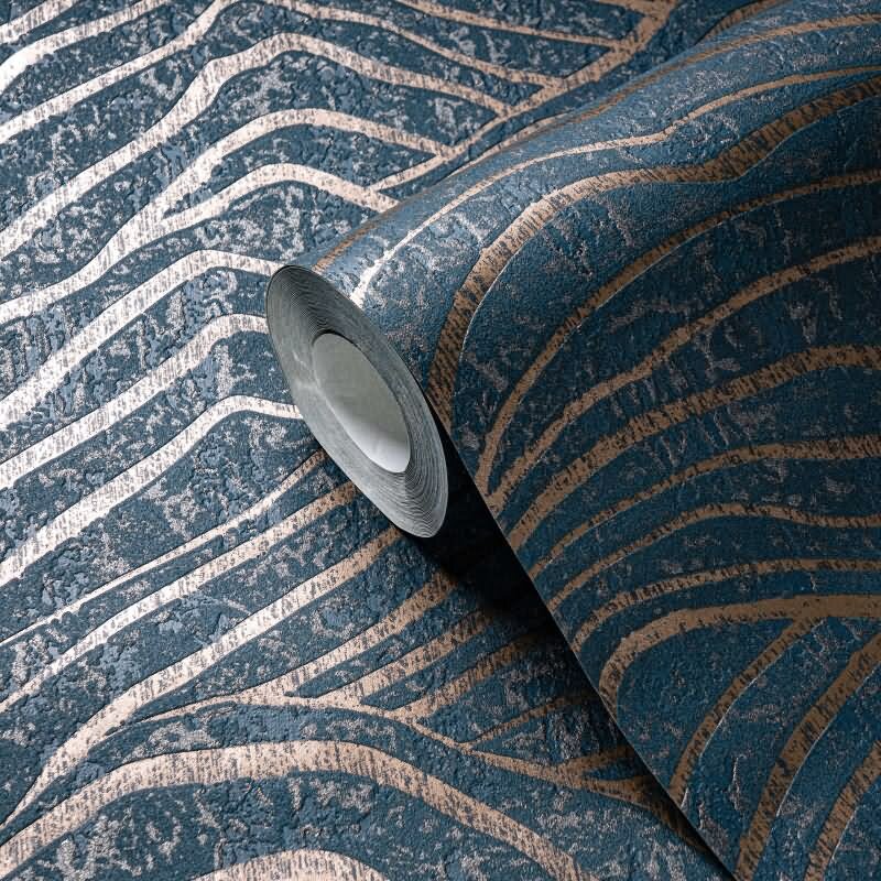 3D-Tapete Wellen Dunkelblau Gold – Strukturierte Vliestapete modern glänzend AS-Creation (395074)