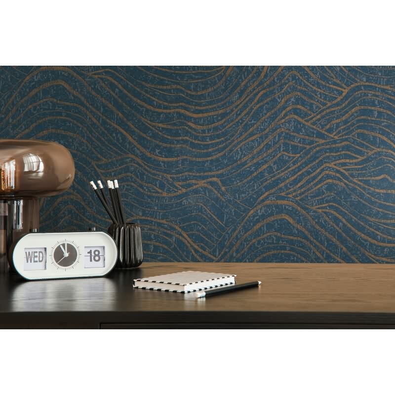 3D-Tapete Wellen Dunkelblau Gold – Strukturierte Vliestapete modern glänzend AS-Creation (395074)