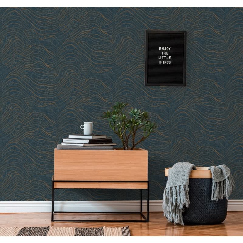 3D-Tapete Wellen Dunkelblau Gold – Strukturierte Vliestapete modern glänzend AS-Creation (395074)