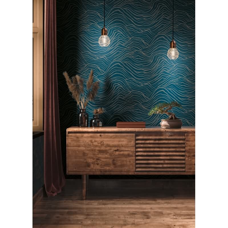 3D-Tapete Wellen Dunkelblau Gold – Strukturierte Vliestapete modern glänzend AS-Creation (395074)
