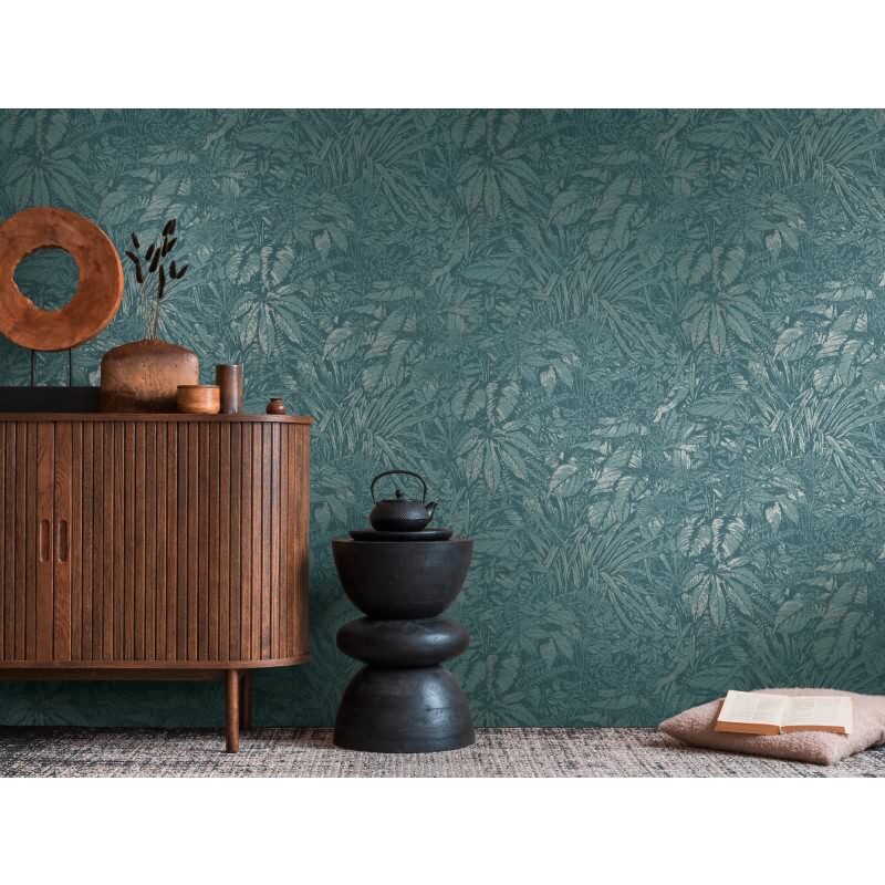 Dschungel-Tapete Dunkelblau Silber – Vlies Tapete mit Pflanzenmuster strukturiert livingwalls (395603)