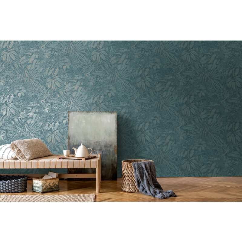 Dschungel-Tapete Dunkelblau Silber – Vlies Tapete mit Pflanzenmuster strukturiert livingwalls (395603)