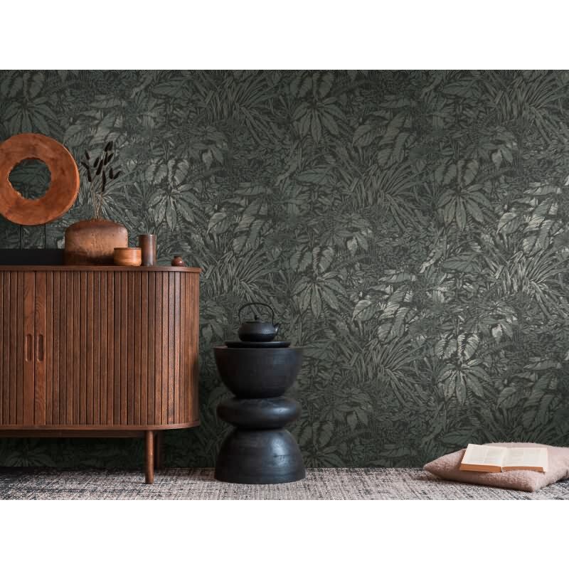 Dschungel Tapete Schwarz Silber – Vliestapete mit Pflanzenmuster strukturiert matt livingwalls (395604)