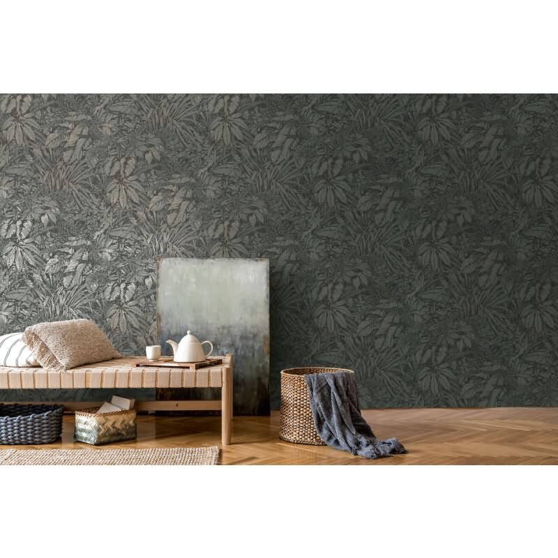 Dschungel Tapete Schwarz Silber – Vliestapete mit Pflanzenmuster strukturiert matt livingwalls (395604)