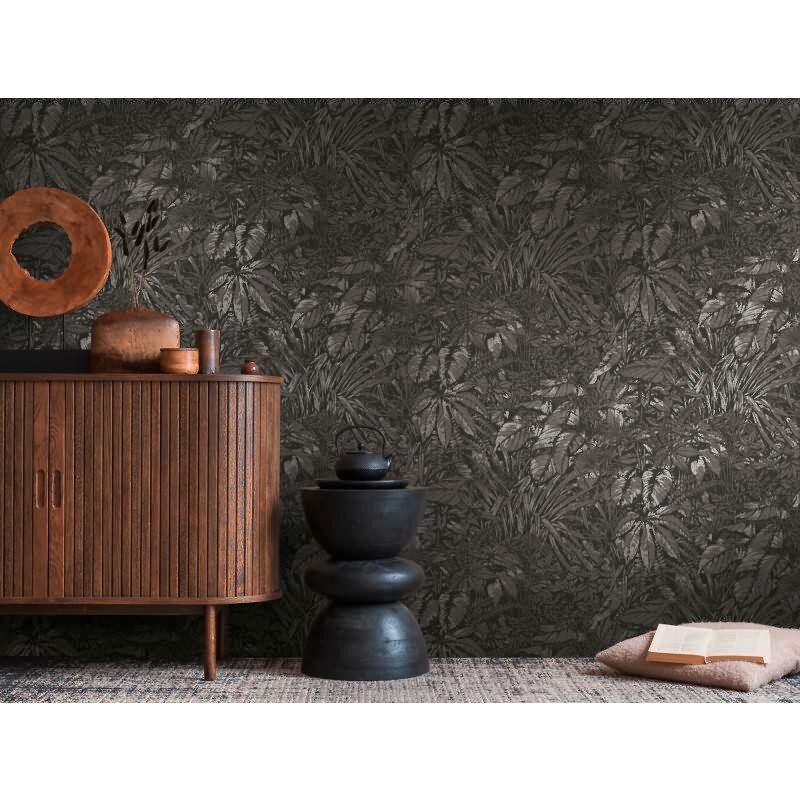 Dschungel-Tapete Schwarz Silber – Vliestapete mit Pflanzen Motiv matt strukturiert livingwalls (395606)