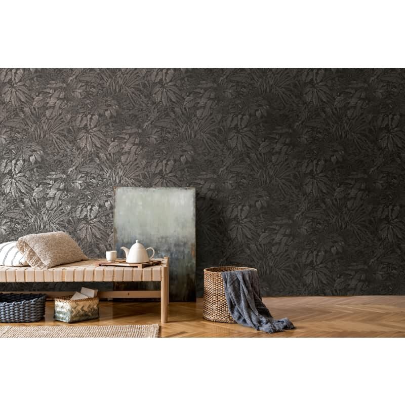 Dschungel-Tapete Schwarz Silber – Vliestapete mit Pflanzen Motiv matt strukturiert livingwalls (395606)