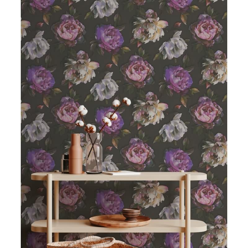 Florale Tapete Rosen Schwarz Lila - Vliestapete dunkel - Mustertapete elegant romantisch AS-Creation (396091)